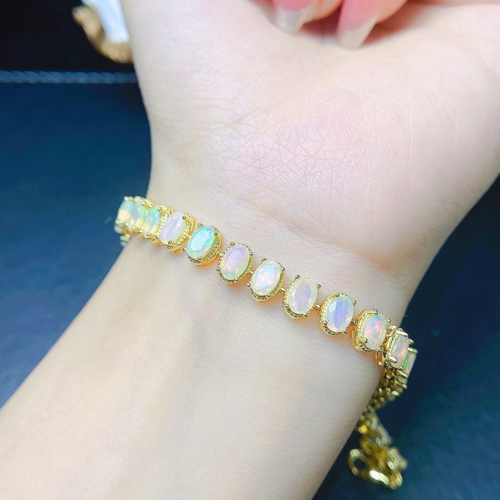 S925 Silver Inlaid Main Stone 4*6 Natural White Opal Bracelet