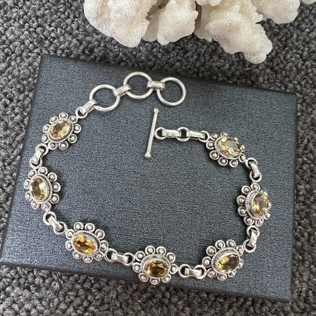 Nepal Handmade 925 Inlaid Yellow Crystal Ruby Amethyst Opal Stone Vintage Bracelet