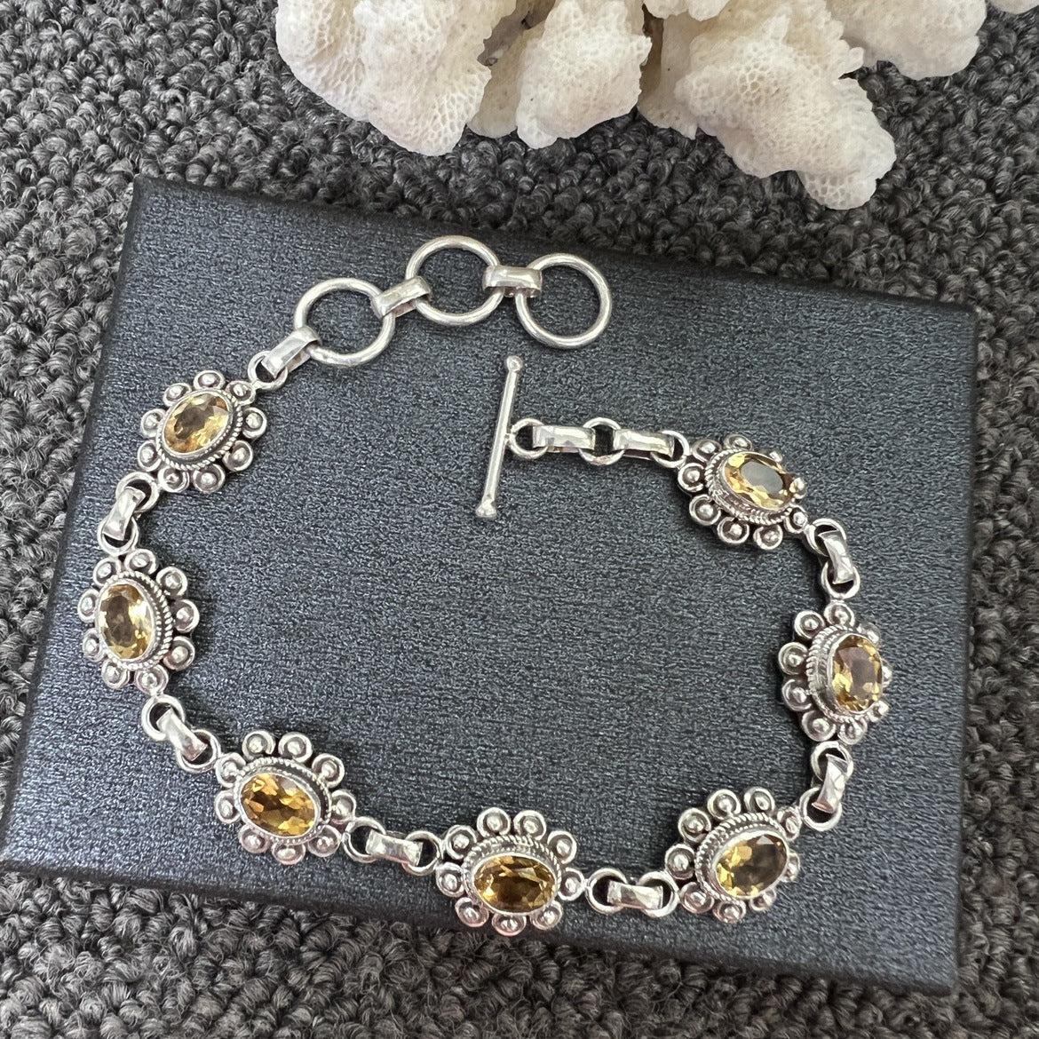 Nepal Handmade 925 Inlaid Yellow Crystal Ruby Amethyst Opal Stone Vintage Bracelet