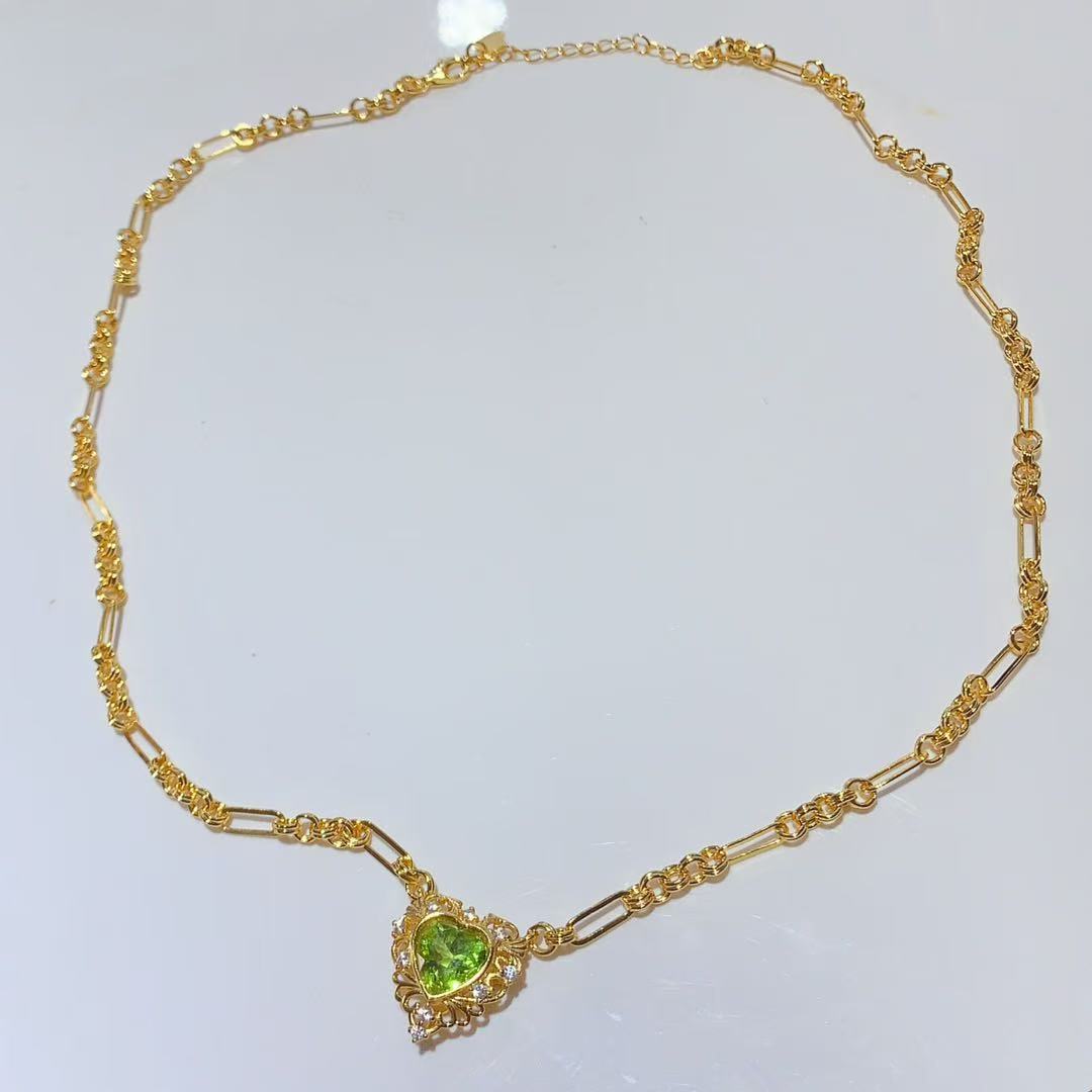 S925 Sterling Silver Inlaid Natural Peridot Necklace Heart Exquisite Light Luxury Vintage Style Versatile Collarbone Chain