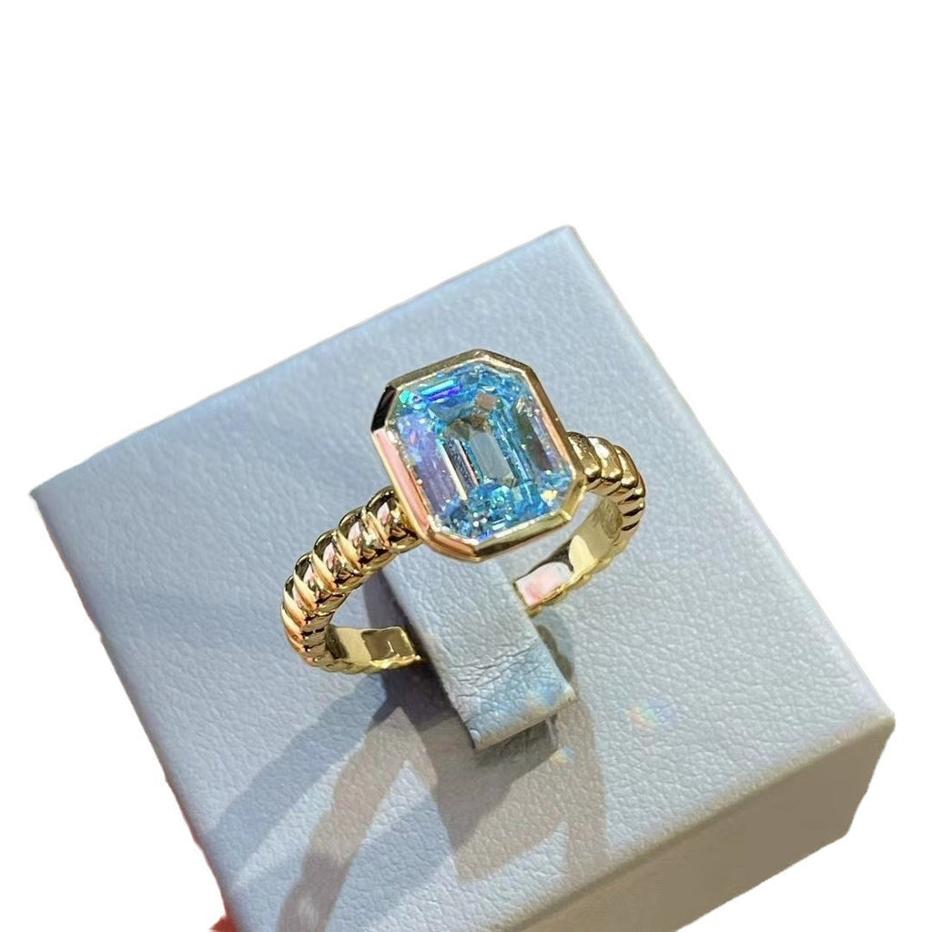 925 Silver Gold Plated High Carbon Diamond Asscher Aquamarine T Square Ring
