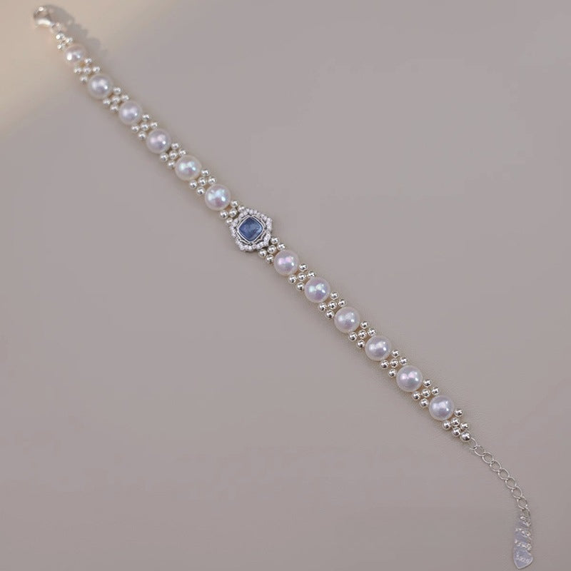 999 Sterling Silver Light Luxury Sea Blue Freshwater Pearl Bracelet