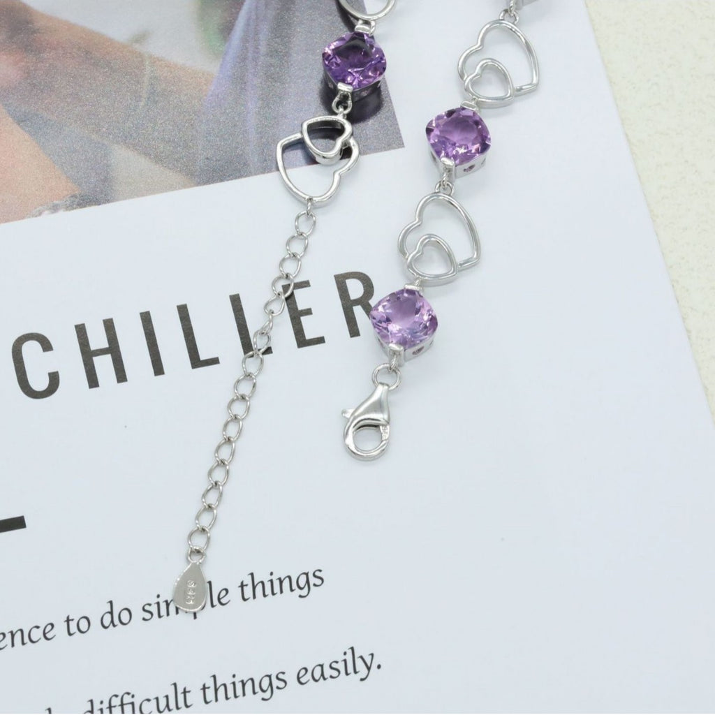 925 Sterling Silver Bracelet Love Double Heart Inlaid Amethyst Women's Bracelet