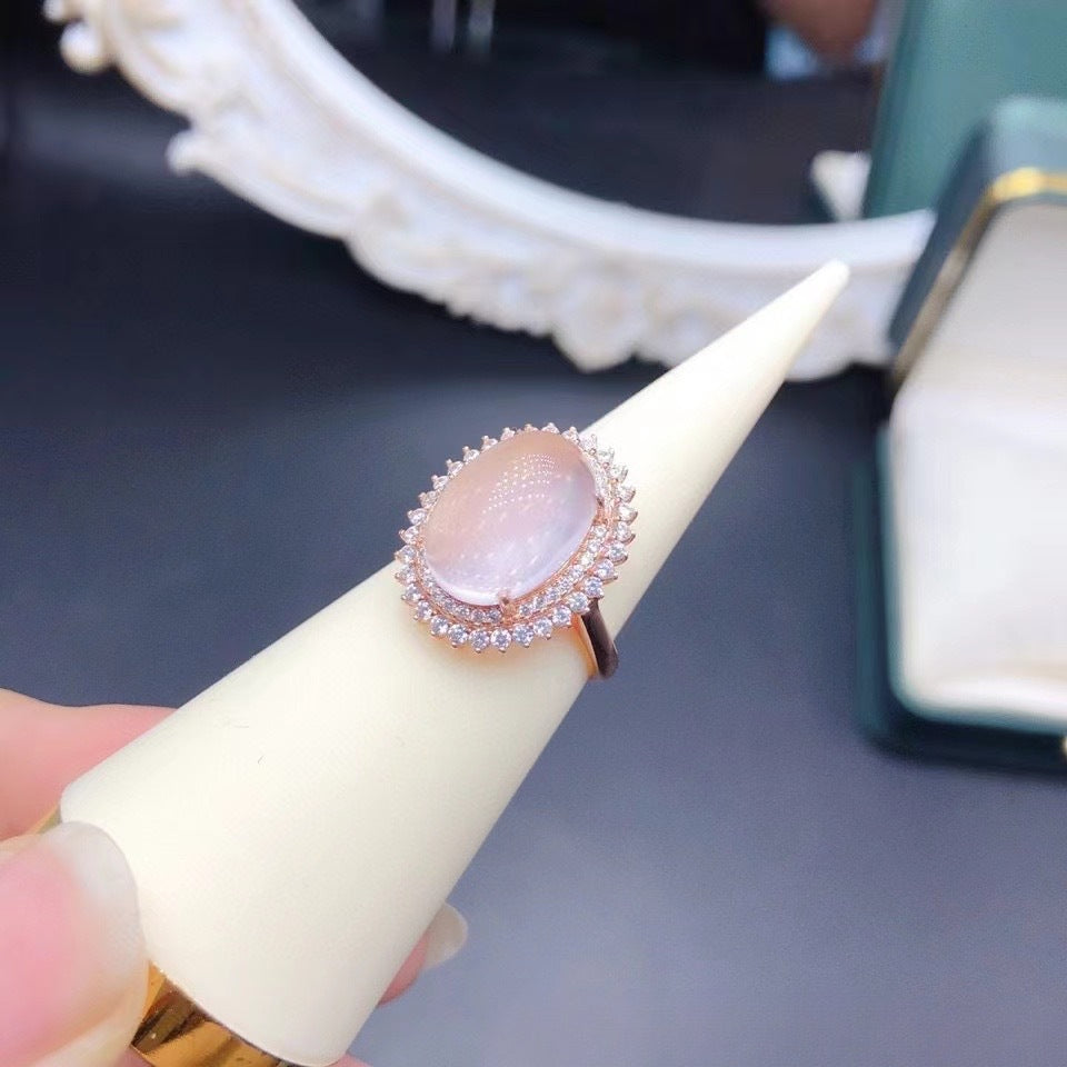 Natural Rose Quartz Ring Plain Crystal Fashionable Elegant 925 Silver Gold Plated Fine Craft Inlaid Gemstone Unisex Ring