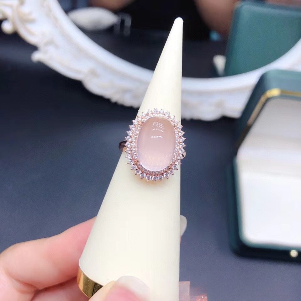 Natural Rose Quartz Ring Plain Crystal Fashionable Elegant 925 Silver Gold Plated Fine Craft Inlaid Gemstone Unisex Ring