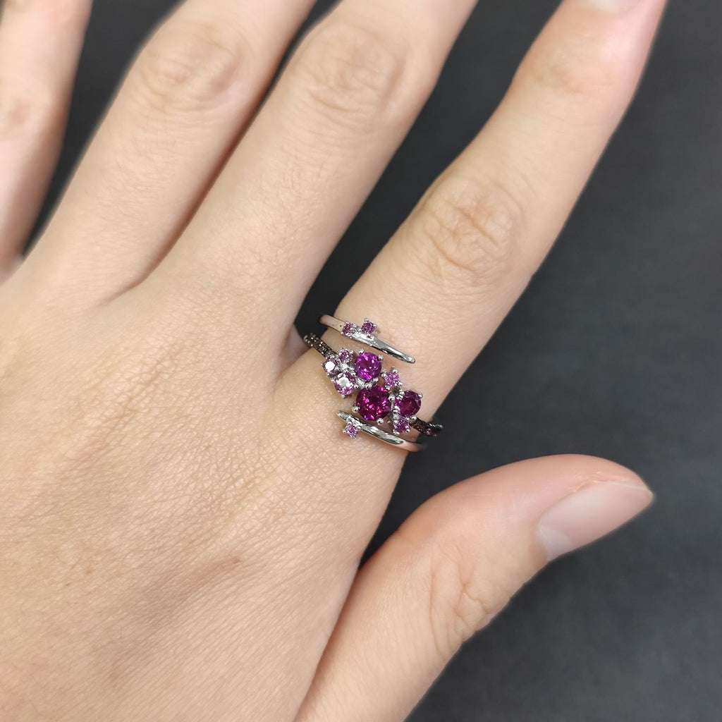 Flower Gemstone Ring S925 Sterling Silver Inlaid with Natural Topaz and Garnet Ring