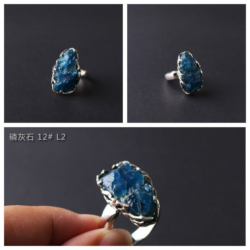 Original Design Ring Pure Silver Handmade Encrusted Natural Raw Mineral Amethyst Rose Quartz Phosphorite Aquamarine Ring