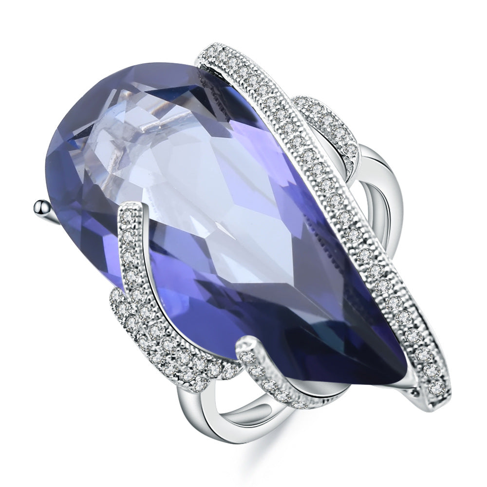 S925 Silver Large Carat Color Crystal Ring