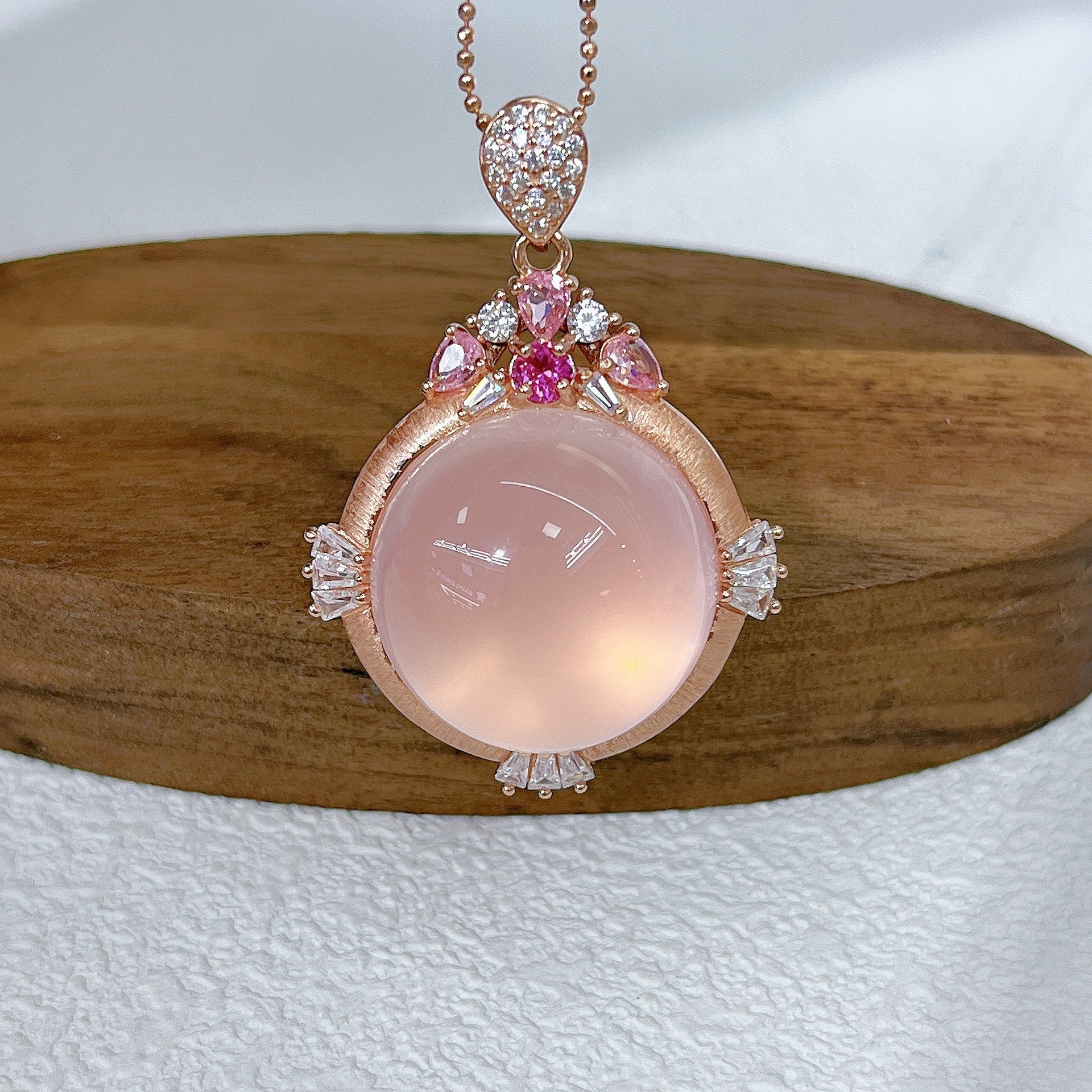 S925 Silver Platinum Plated Inlaid Main Stone 20mm Pink Quartz Hibiscus Stone Pendant