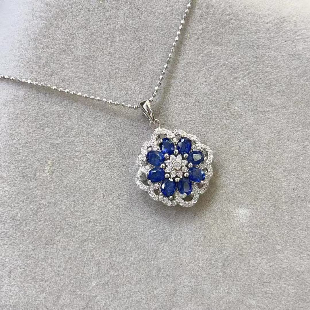 Elegant Light Luxury Natural Burned Sapphire Pendant Women's Flower Shape Diamond S925 Silver Pendant