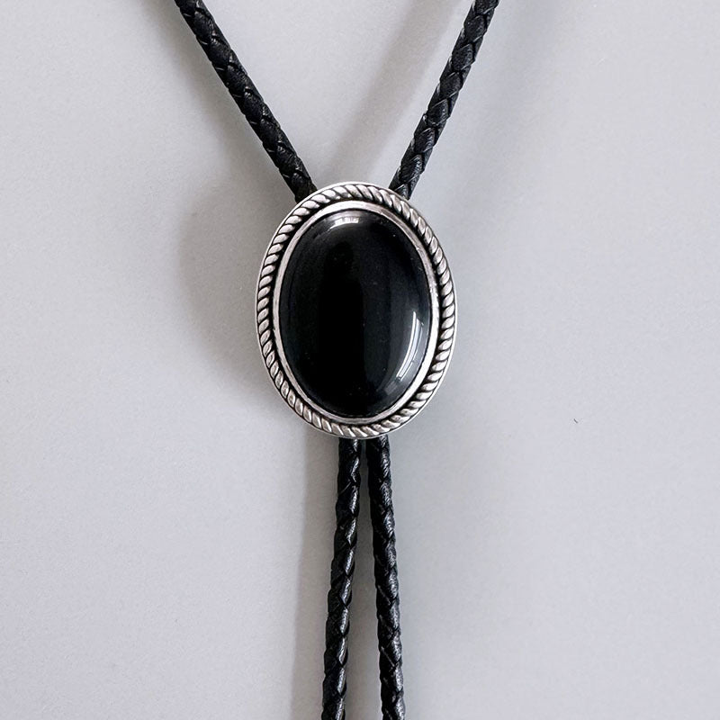 <Obsidian> Original S999 Sterling Silver Inlaid Natural Obsidian Bolo Tie