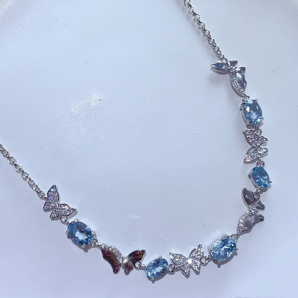 Natural Aquamarine Necklace 925 Sterling Silver Butterfly Exquisite Light Luxury Niche Design High-end Colorful Gemstone Collarbone Chain