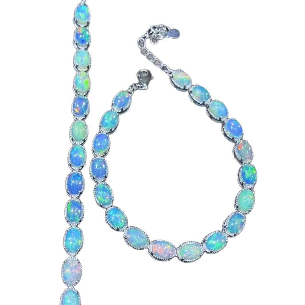 Natural Premium Opal S925 Sterling Silver Bracelet 4x6 18 Pieces Fashionable Light Luxury Colorful Gem Single Circle Bracelet