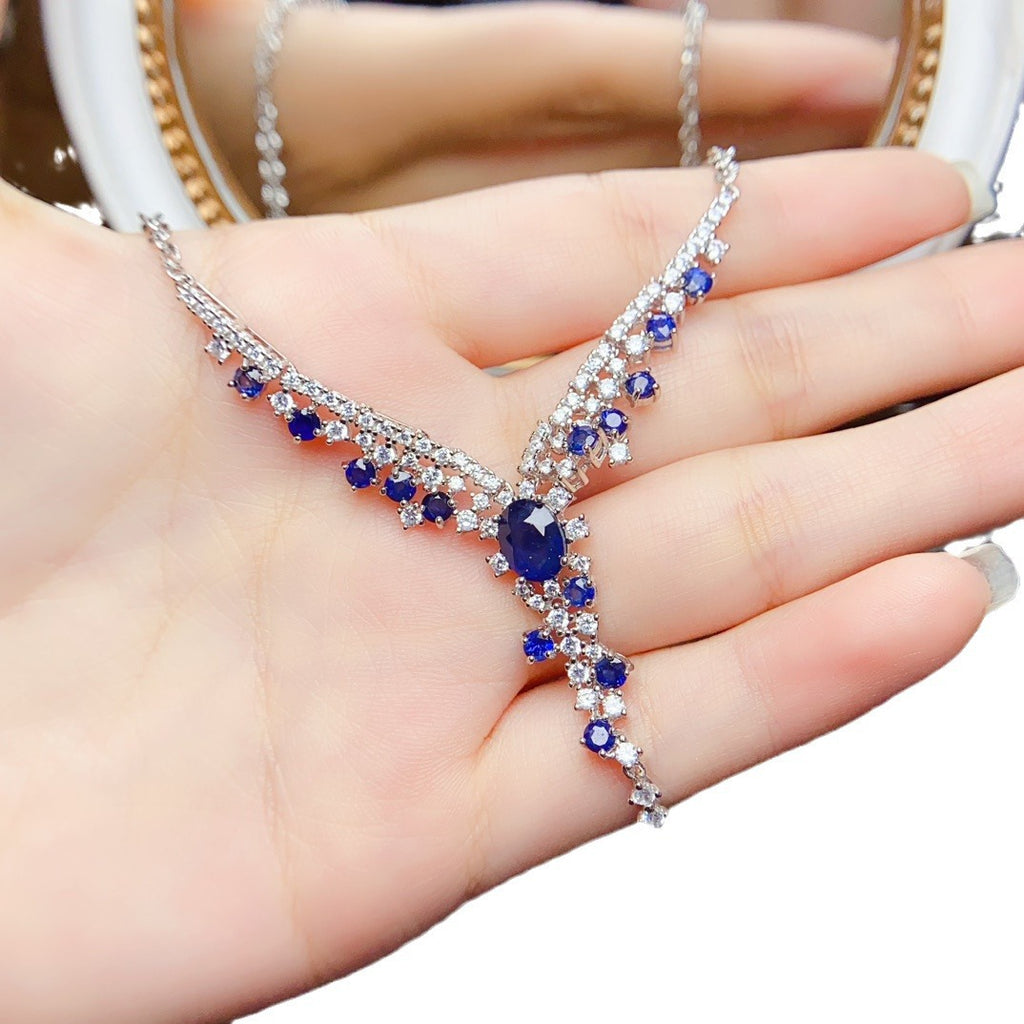 S925 Silver Inlaid Main Stone 4*6 Natural Sapphire Necklace