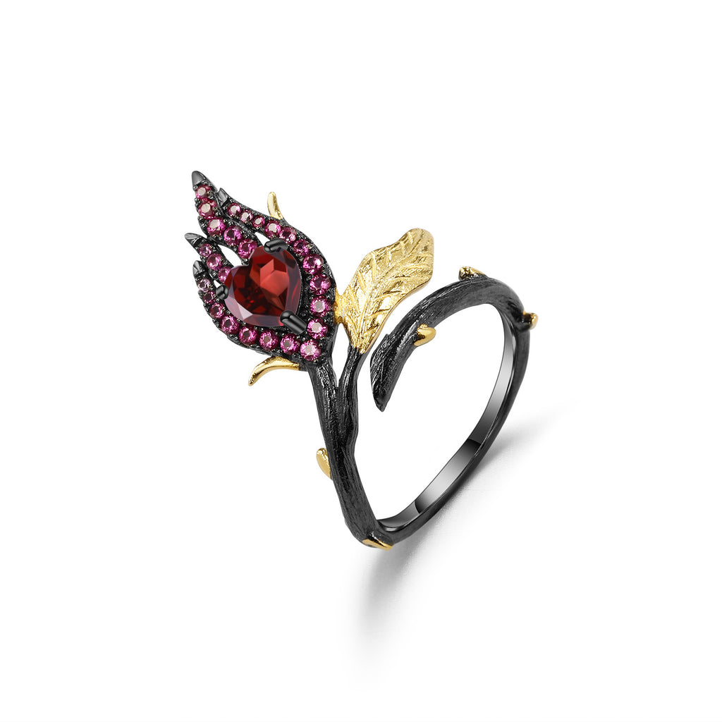 Elegant Floral Style 925 Silver Red Garnet Open Ring