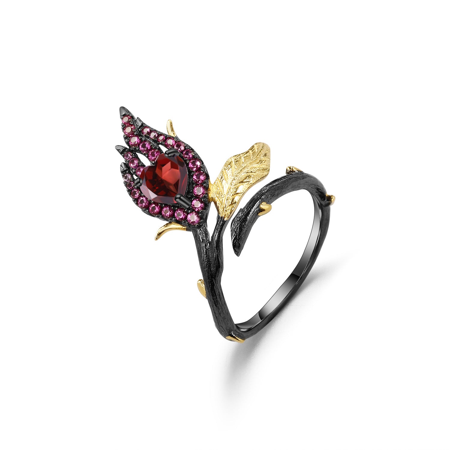 Elegant Floral Style 925 Silver Red Garnet Open Ring