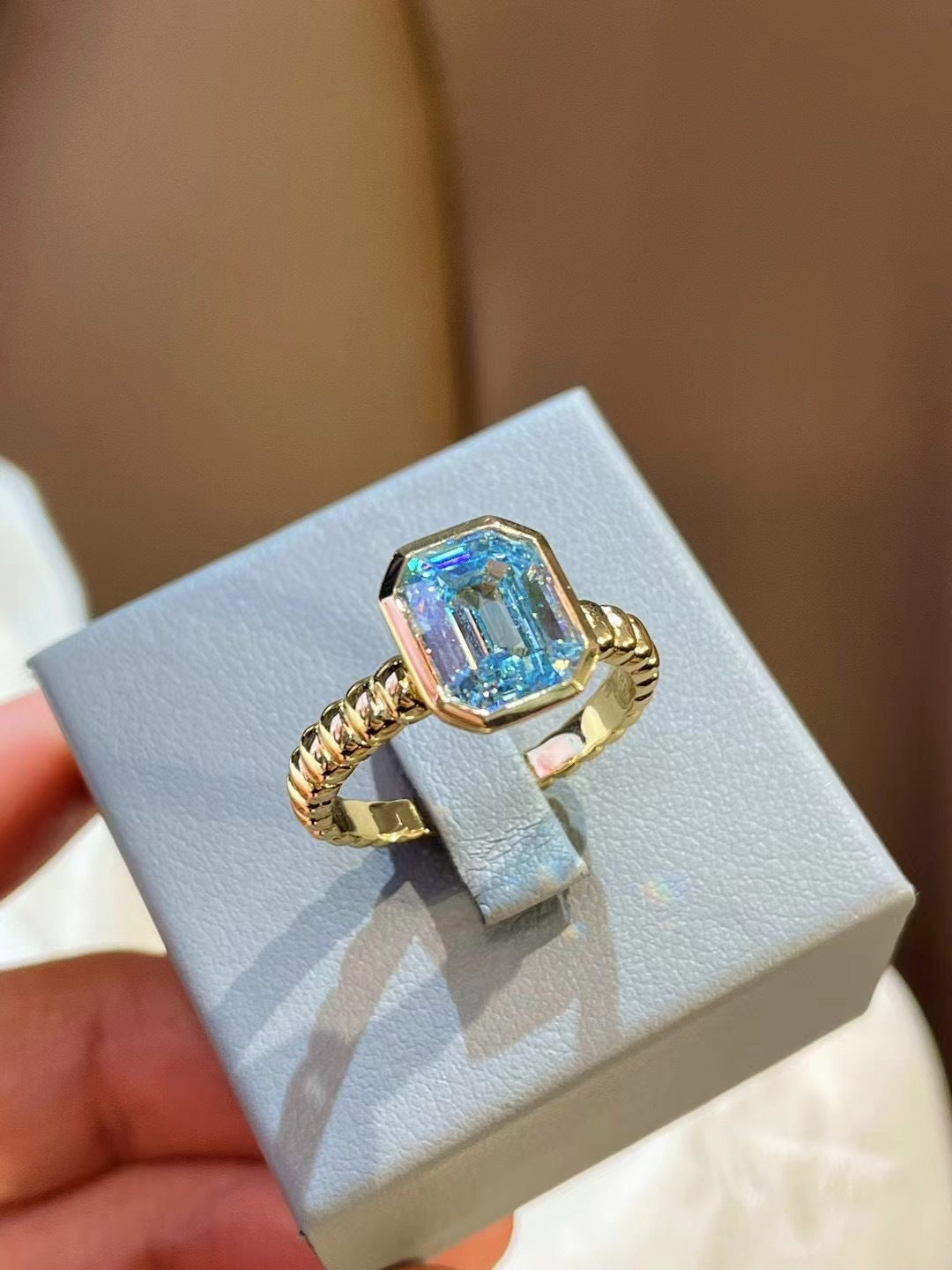 925 Silver Gold Plated High Carbon Diamond Asscher Aquamarine T Square Ring