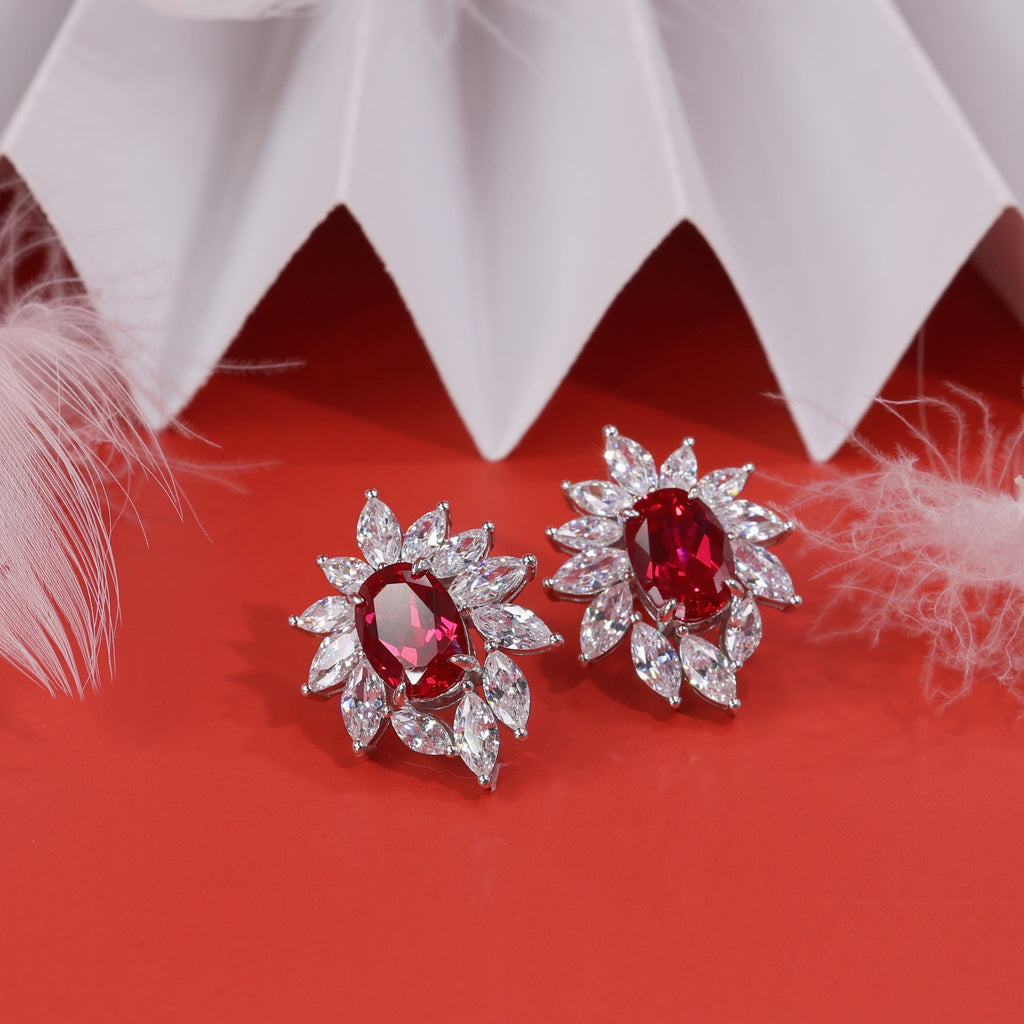 6 Carat Cultivated Ruby Stud Earrings New Women's Luxury S925 Silver Elegant Earrings