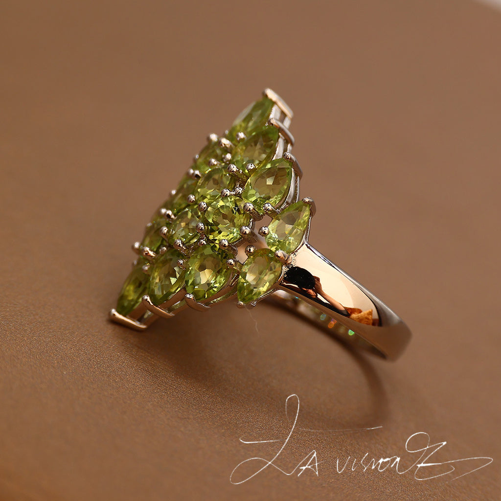 S925 Silver Inlaid Natural Peridot Pomegranate Ring