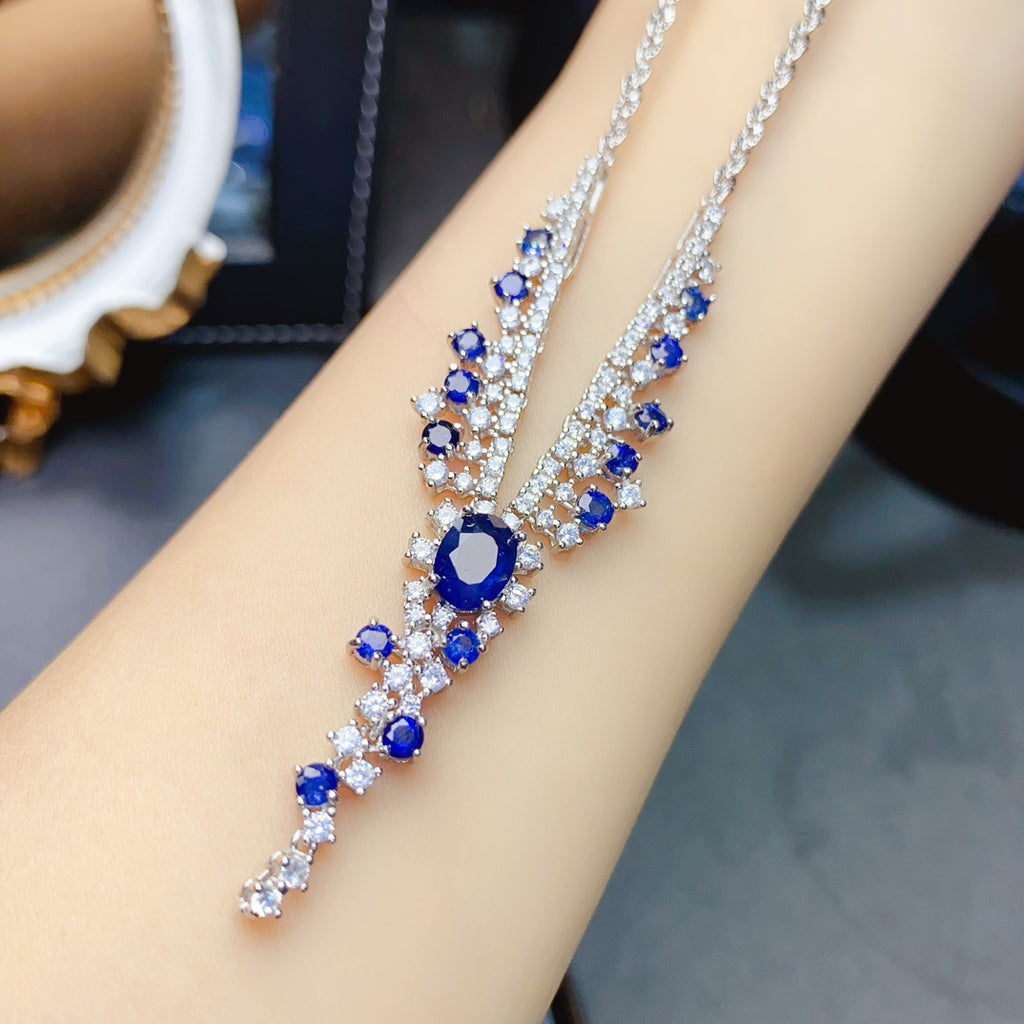 S925 Silver Inlaid Main Stone 4*6 Natural Sapphire Necklace