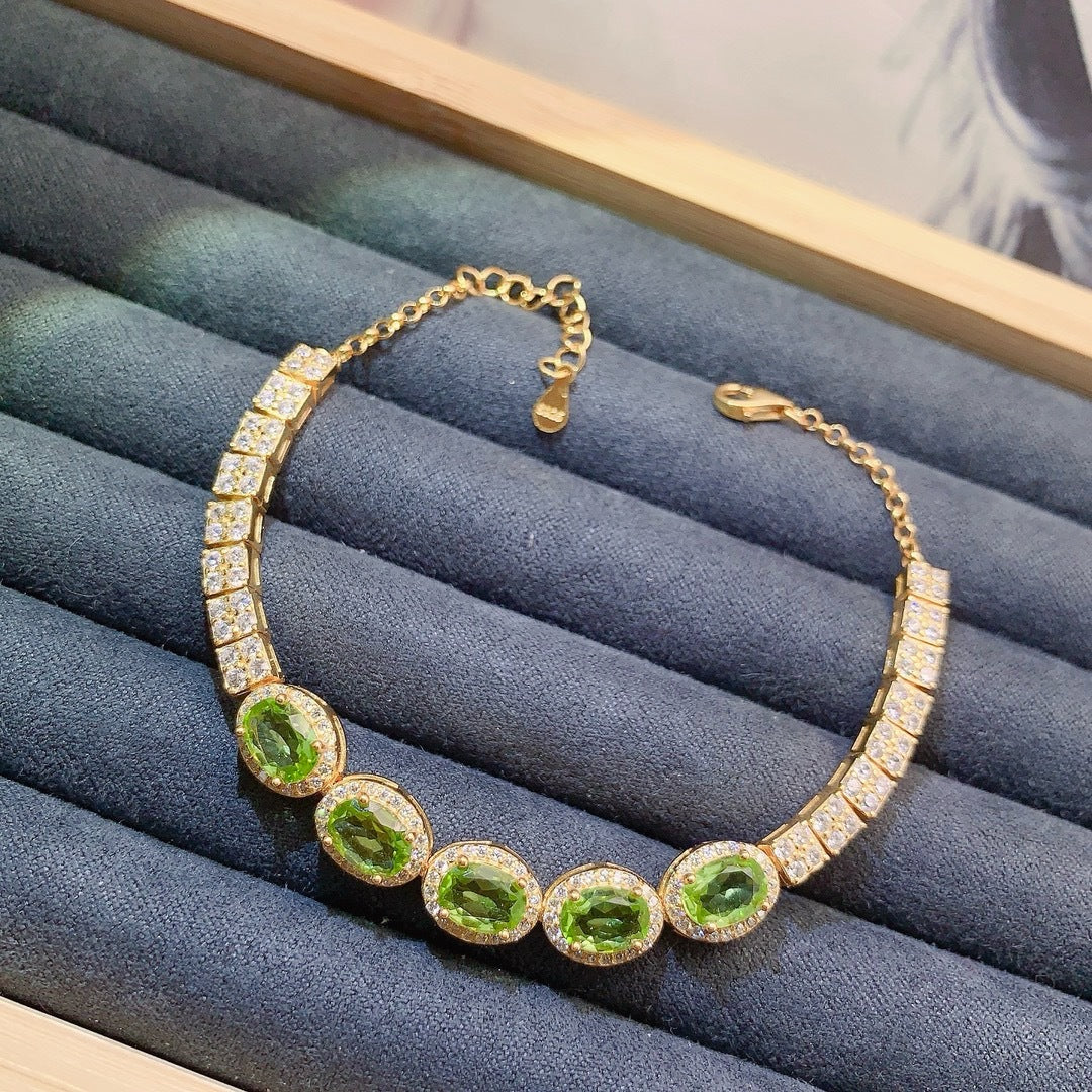 S925 sterling silver natural olivine bracelet fashion niche design oval 5*7mm bracelet