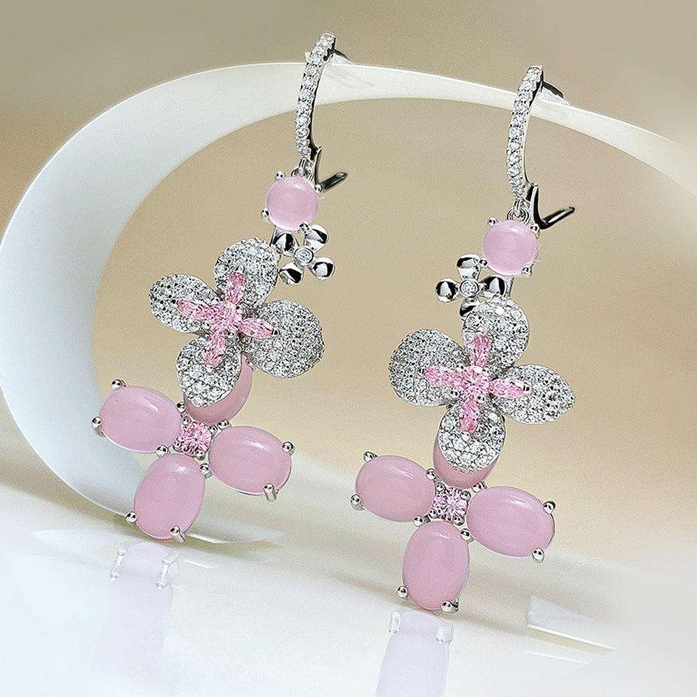 S925 Silver Inlaid 7*9mm Pink Diamond European and American Stud Earrings Sweet Style Geometric Earrings