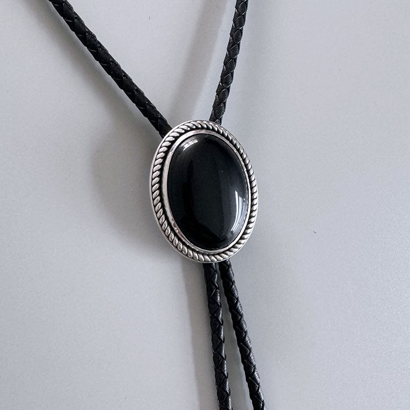 <Obsidian> Original S999 Sterling Silver Inlaid Natural Obsidian Bolo Tie