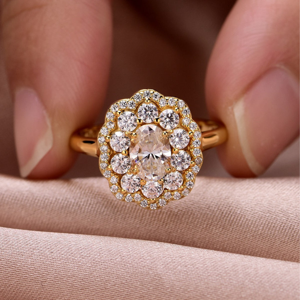 S925 Silver Moissanite Ring Oval Main Stone Vintage Flower Surround Double Circle Gold Light Luxury Banquet Style Women's Ring