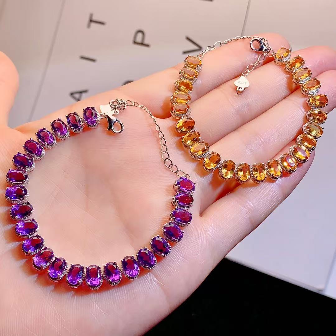 S925 Sterling Silver Simple Fashion Versatile Colorful Gemstone Amethyst Citrine Bracelet
