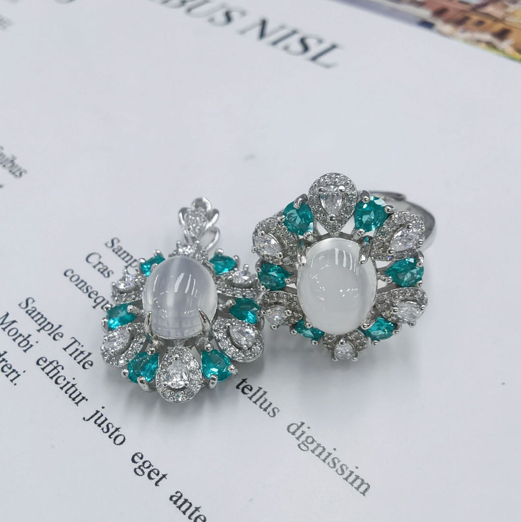 S925 Silver Platinum Plated Inlaid Moonstone Pendant Ring Jewelry Set