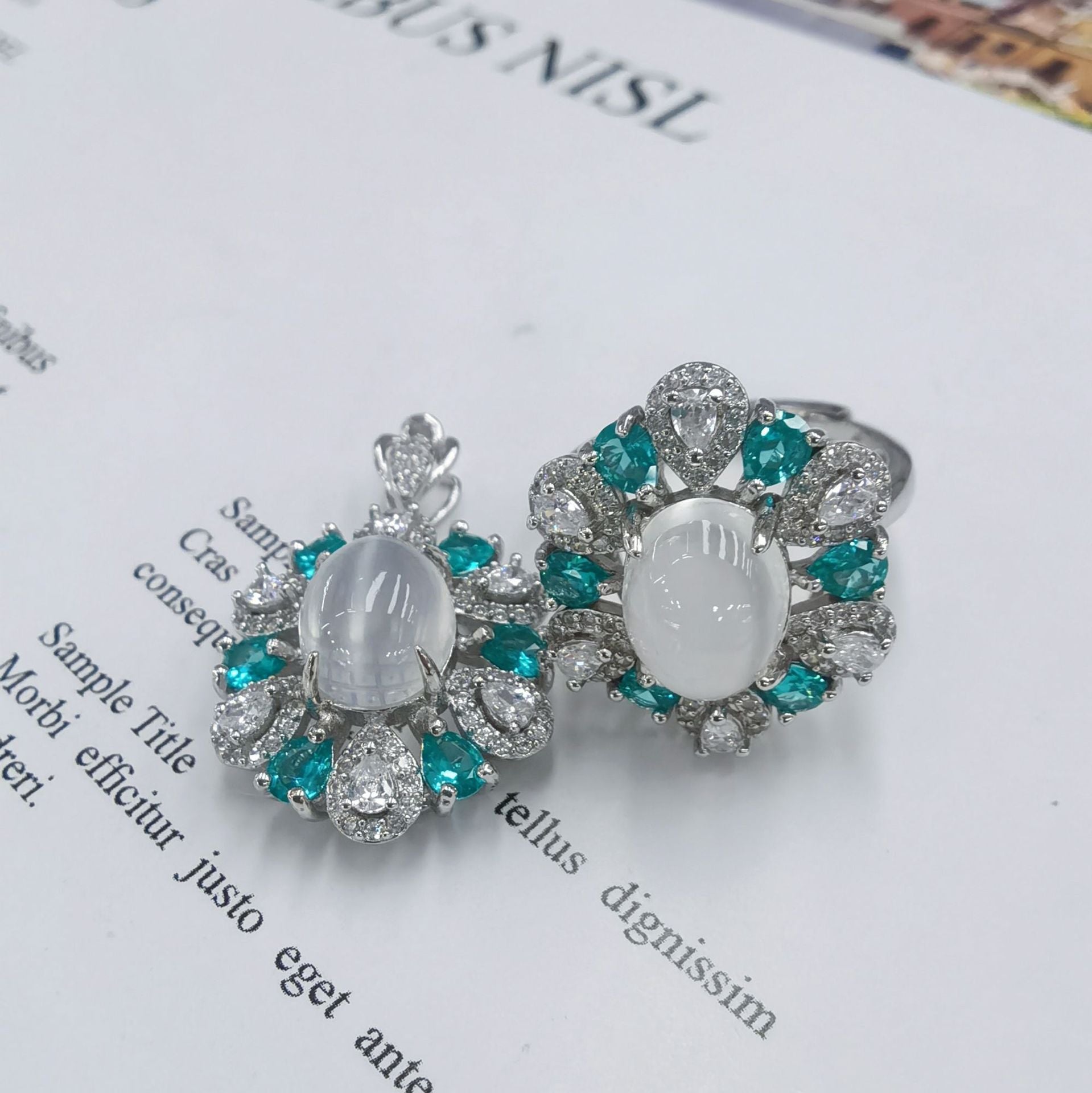 S925 Silver Platinum Plated Inlaid Moonstone Pendant Ring Jewelry Set