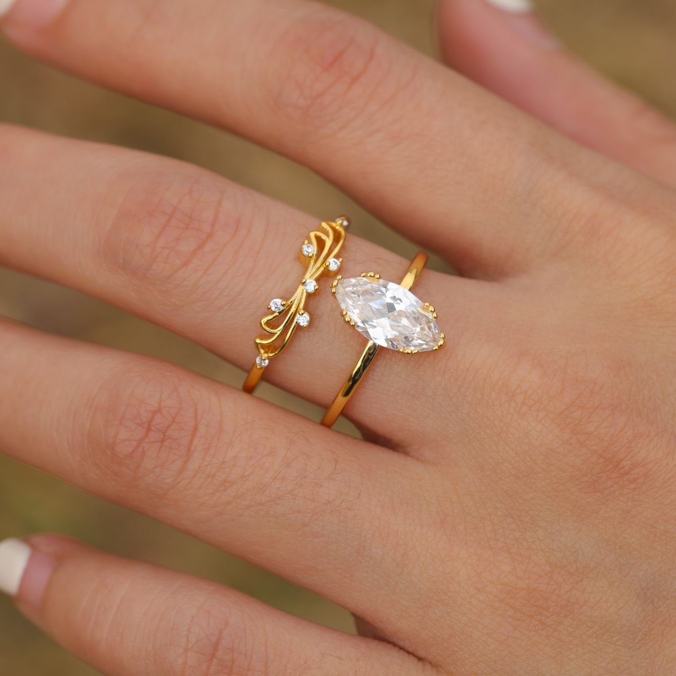 S925 Silver Combination Two-Piece Set Marquise Moissanite Ring Stacking Ring Combination Ring Amazon Bestseller