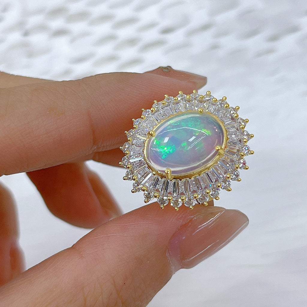 S925 Silver Plated Main Stone 10*14mm Two-tone Inlaid Opal Ring Autumn New Model