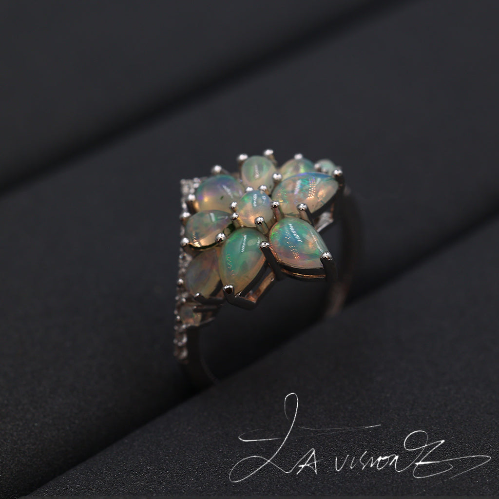 S925 Silver Inlaid Natural Opal Vintage Jewelry Synthetic White Sapphire Ring