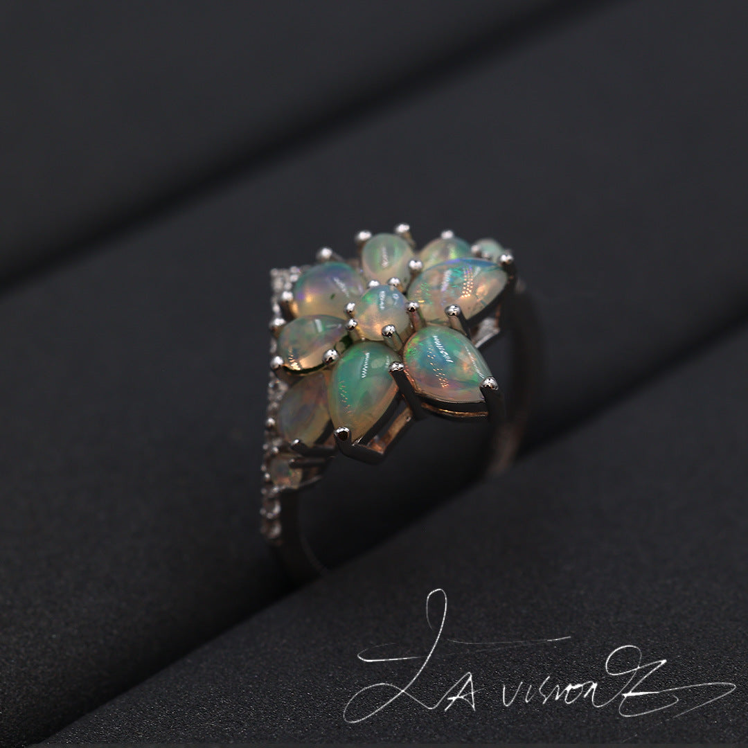 S925 Silver Inlaid Natural Opal Vintage Jewelry Synthetic White Sapphire Ring