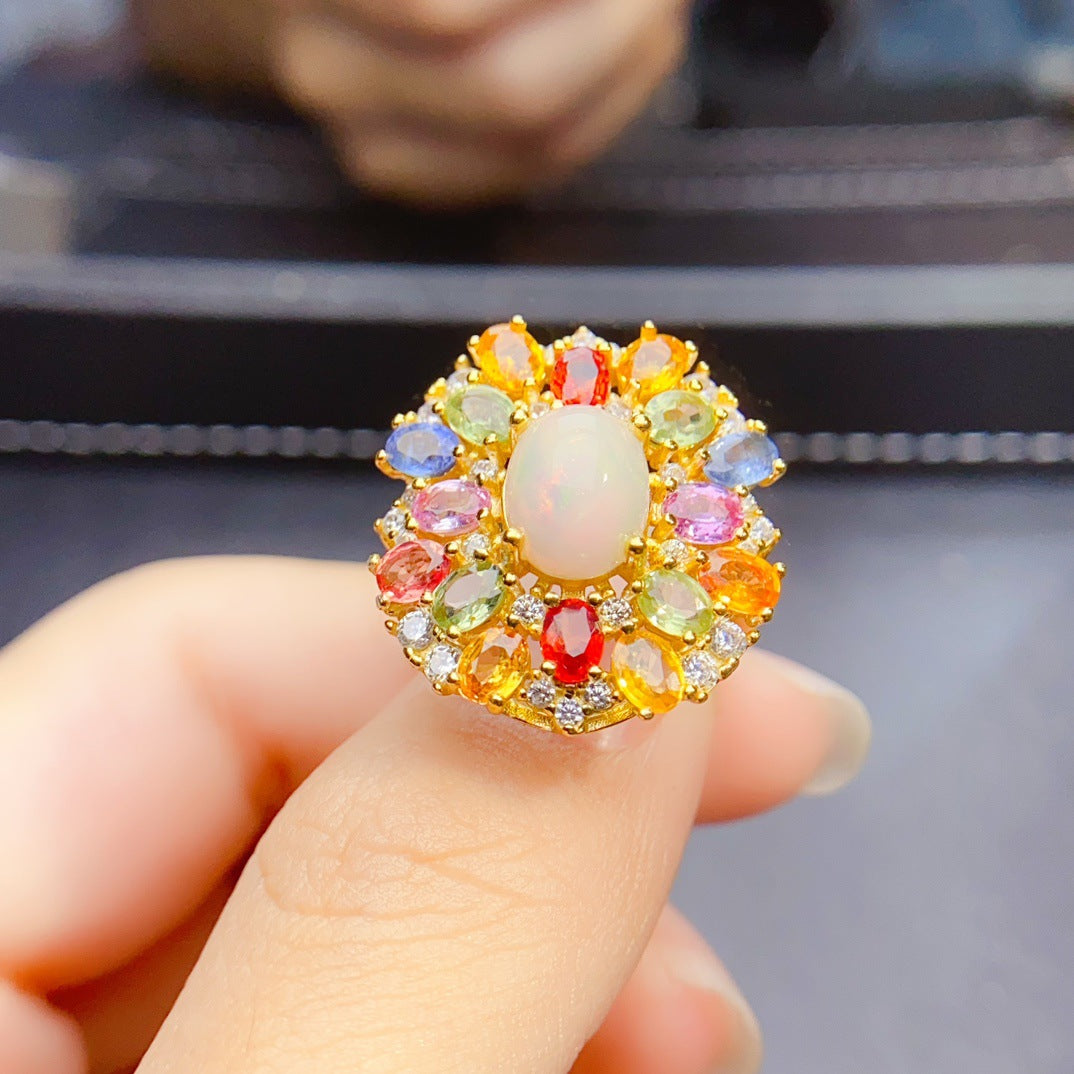 S925 Silver Inlaid Main Stone 7*9 Natural White Opal Ring