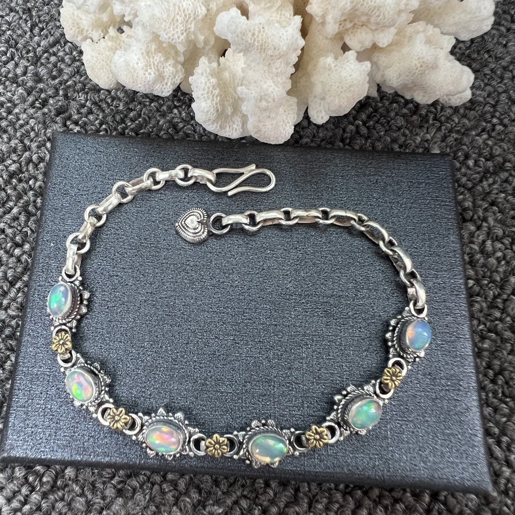 Nepal Handmade 925 Inlaid Yellow Crystal Ruby Amethyst Opal Stone Vintage Bracelet