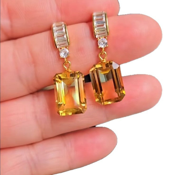 Natural Brazilian Precision Craft S925 Silver Inlaid Yellow Crystal Earrings