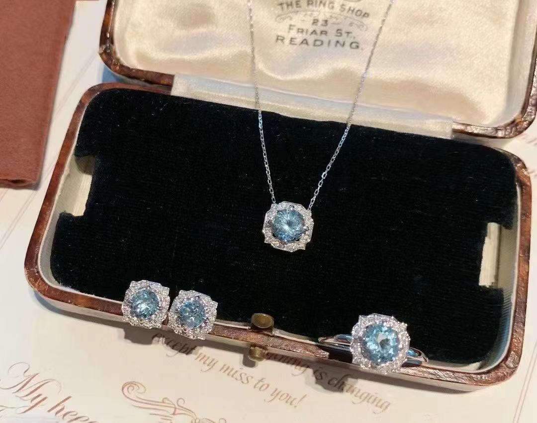 925 Silver Inlaid Natural Aquamarine Ring Necklace Two-Piece Set