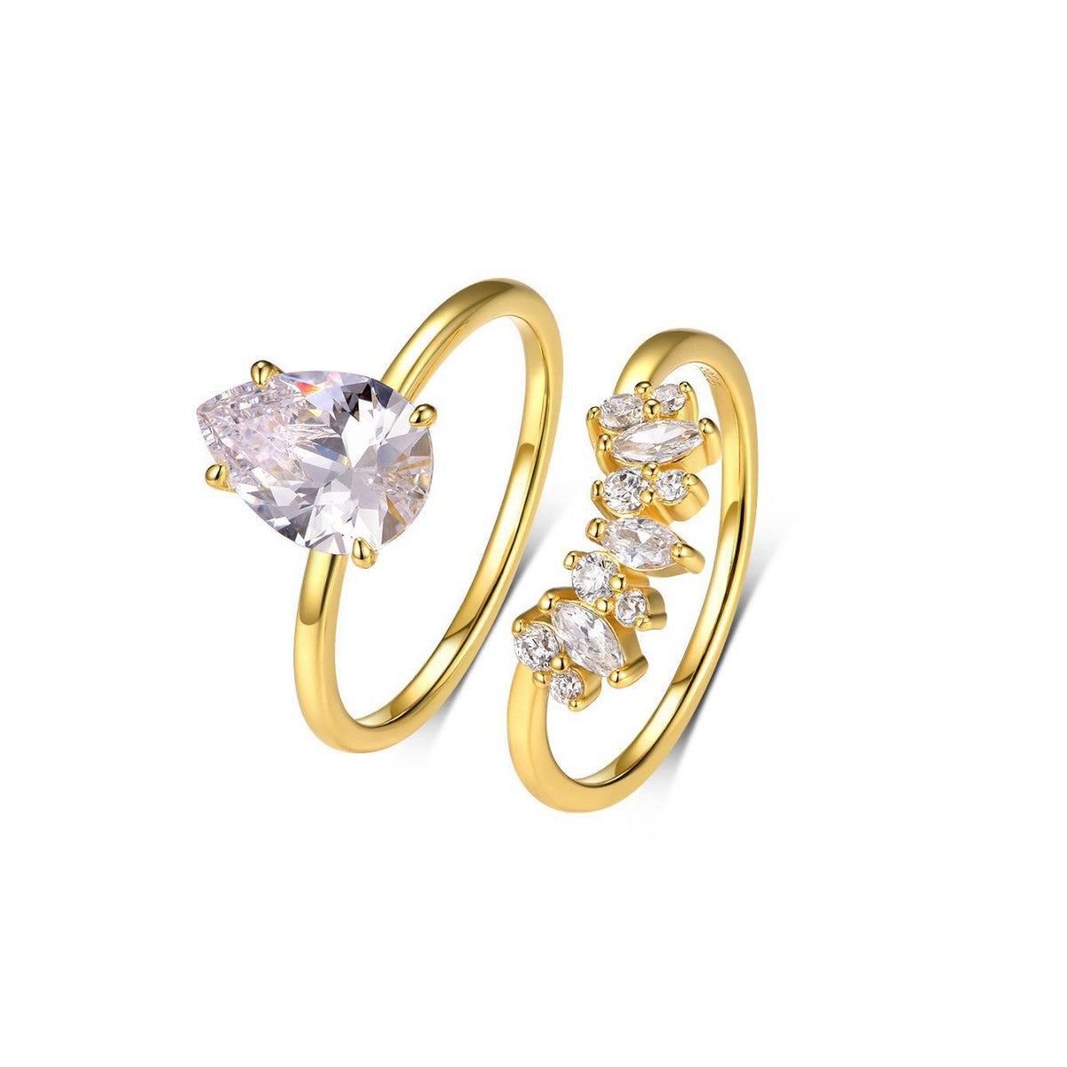 S925 Silver Combination Two-Piece Set Water Drop Shape Moissanite Ring Stripe Stacking Ring Set Ring Amazon Hot