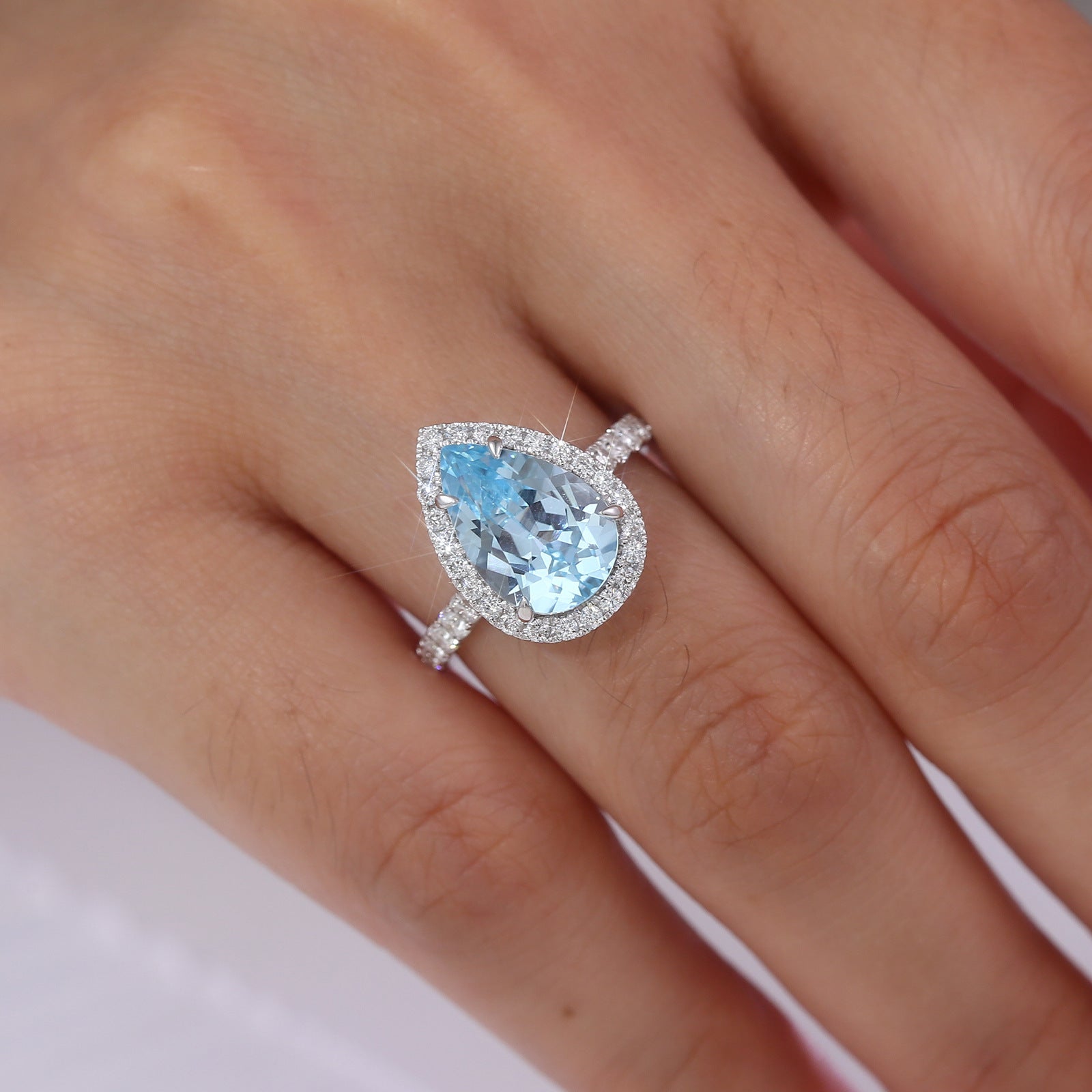 Aquamarine Ring 14K White Gold 3 Carat Drop Shape Cultured Gemstone Ring