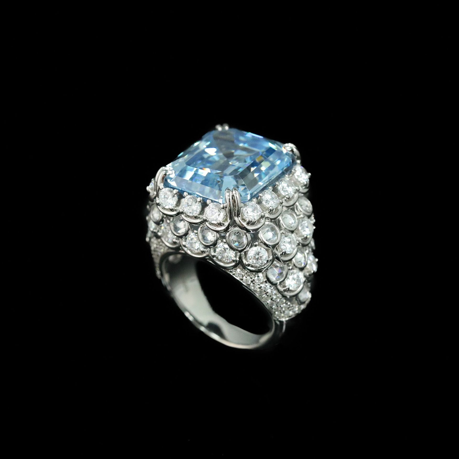 925 Silver Gold Plated Ring 16 Carat High Carbon Diamond Aquamarine Emerald Cut Fish Scale Jewelry Women's Ring