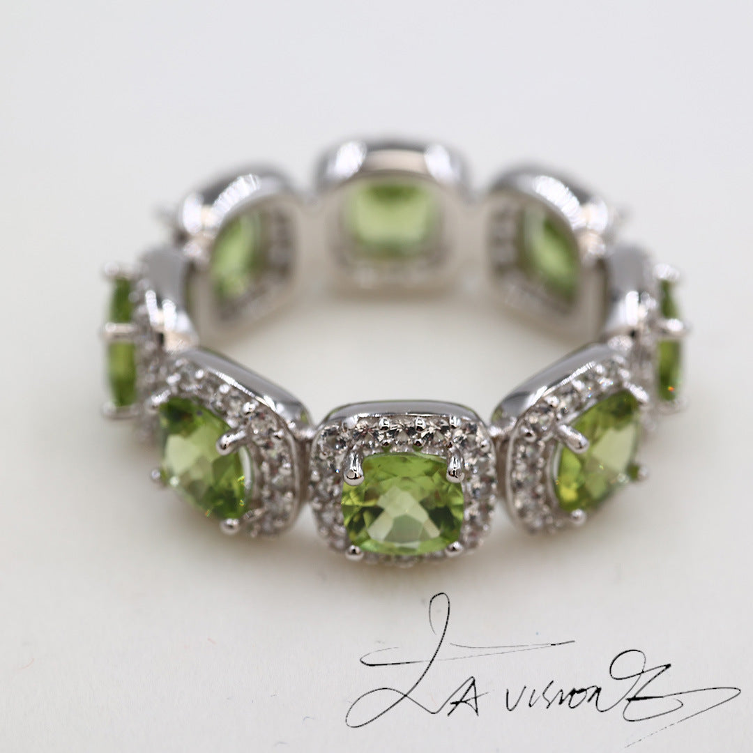 925 Silver Inlaid Natural Peridot Synthetic White Sapphire Ring