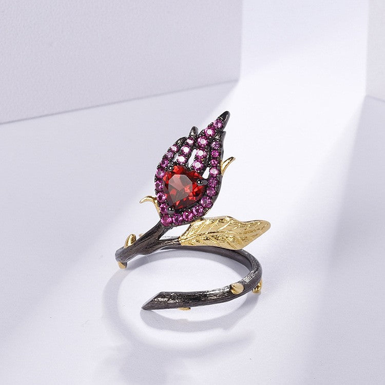 Elegant Floral Style 925 Silver Red Garnet Open Ring