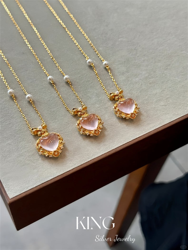 Pink Water Beauty| S925 Silver Gold-Plated Heart Pink Crystal Light Luxury Retro Niche Fashion Elegant Pure Silver Necklace