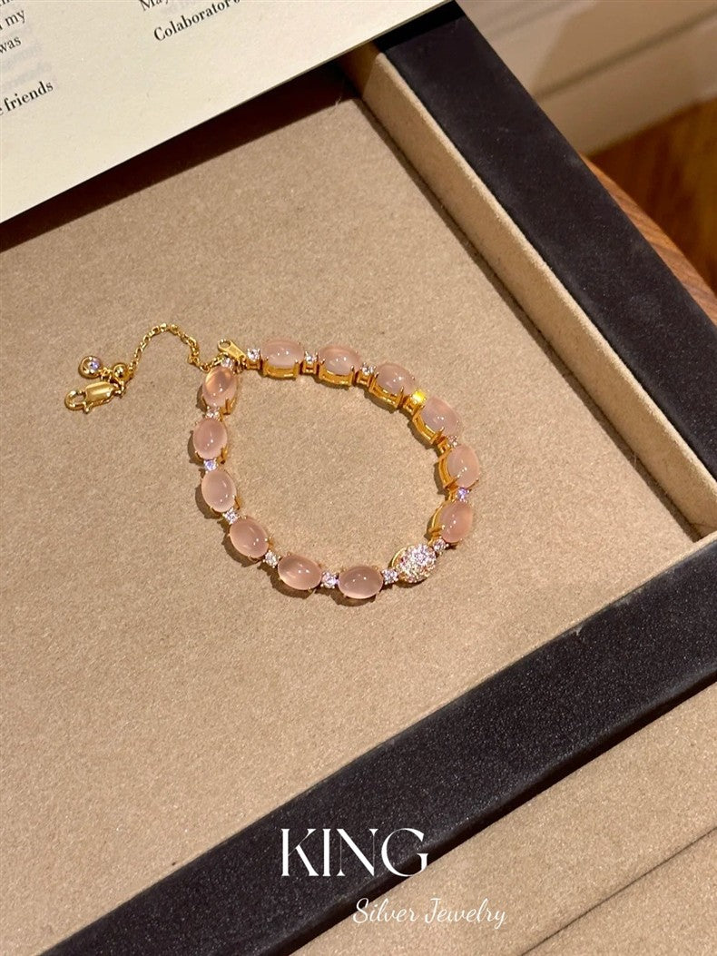 Peerless Beauty| S925 Silver Gold-Plated Cabochon Gradient Peach Pink Crystal Ultra Heavy Fashion High-End Pure Silver Bracelet