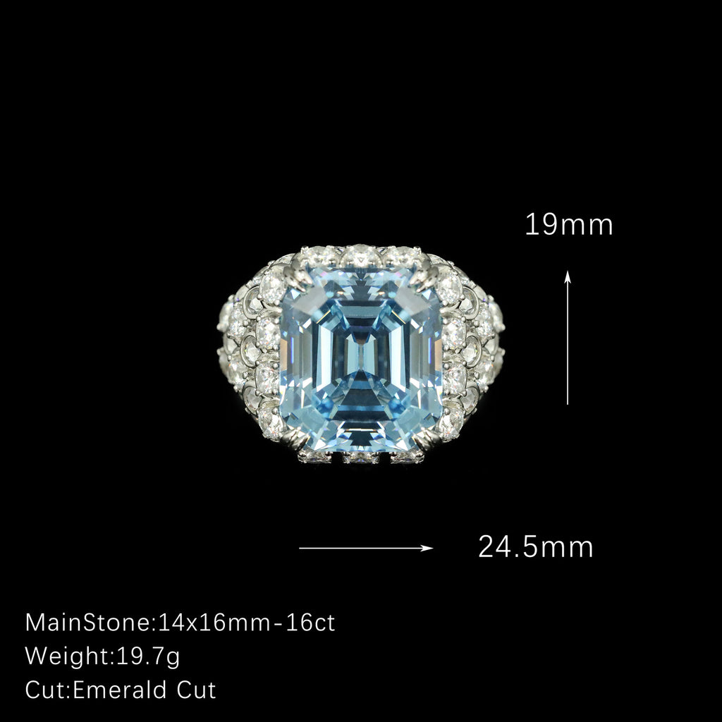 925 Silver Gold Plated Ring 16 Carat High Carbon Diamond Aquamarine Emerald Cut Fish Scale Jewelry Women's Ring