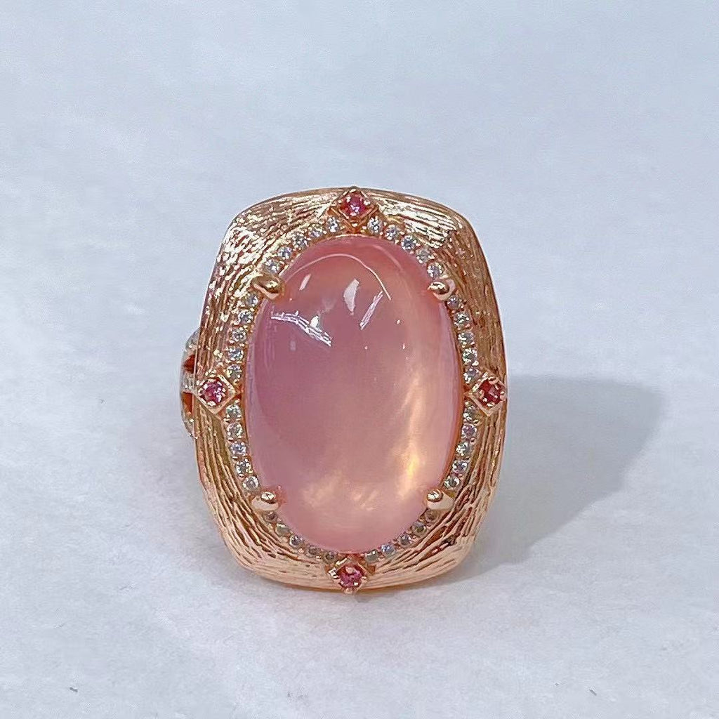 S925 Silver Plated Rose Gold Inlaid Main Stone 15*21mm Natural Rose Quartz Open Ring