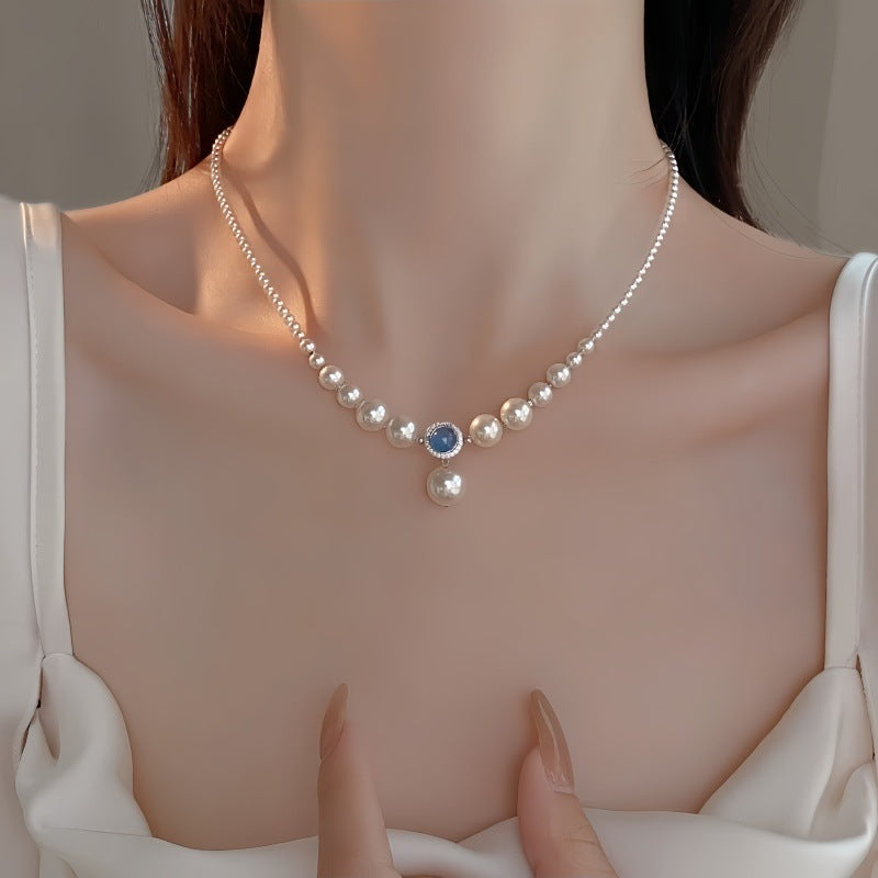 Natural Australian White Jellyfish Shell Pearl Necklace for Women with Aquamarine Gradient Elegant Collarbone Chain