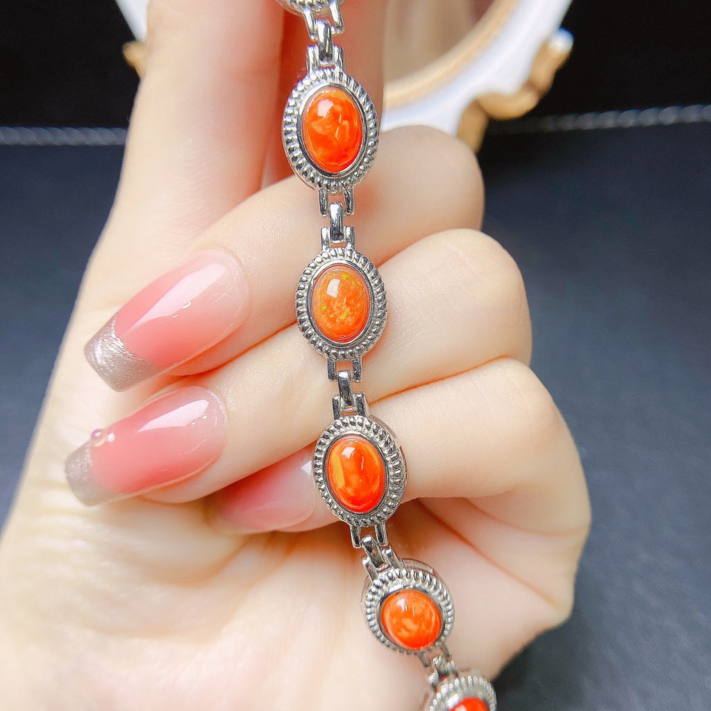 S925 Silver Inlaid Main Stone 6*8 Natural Fire Opal Bracelet